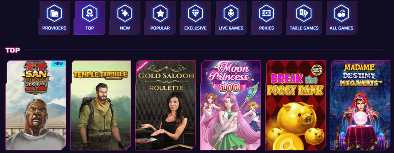 Top pokies at Roby Casino Australia including San Quentin, Temple Tumble, Gold Saloon Roulette and more