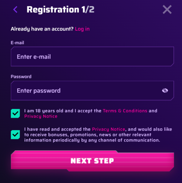 Roby Casino registration form step 1 – create account with email and password for Australian players